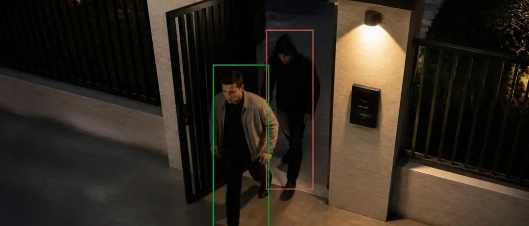 A person going through the gate at night and a second person slipping in right behind, both marked by camera frames.