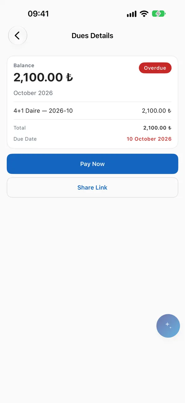 Dues detail with period charges and payments.