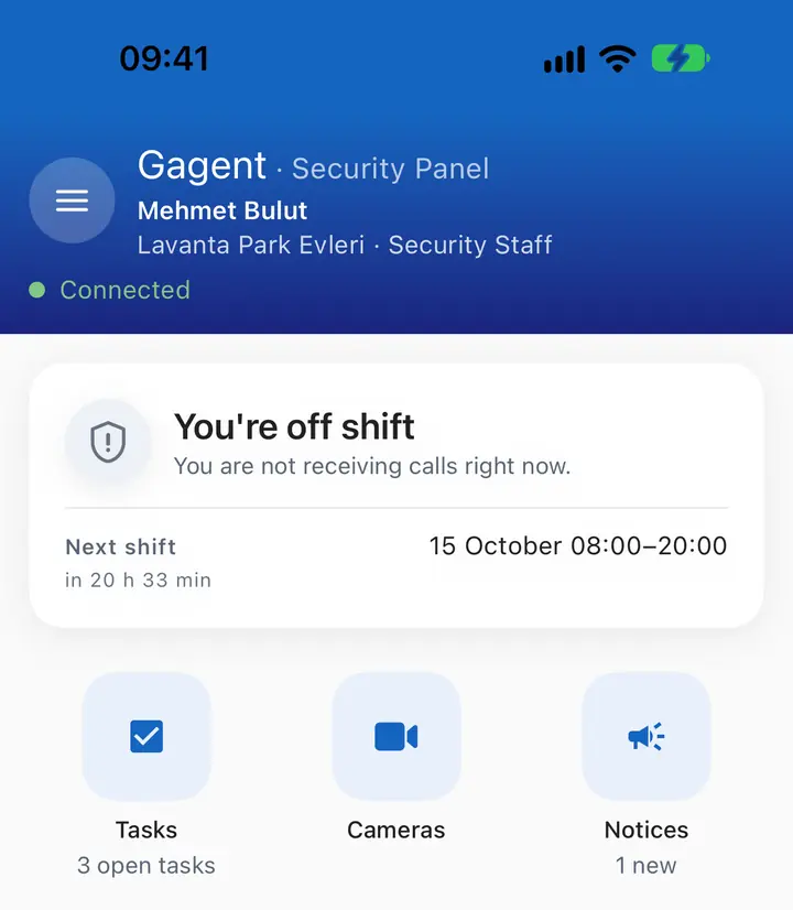 Excerpt from the security app home screen: shift card, next shift, tasks, cameras and announcements.