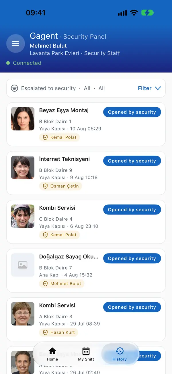 Recent gate entries in the security app.