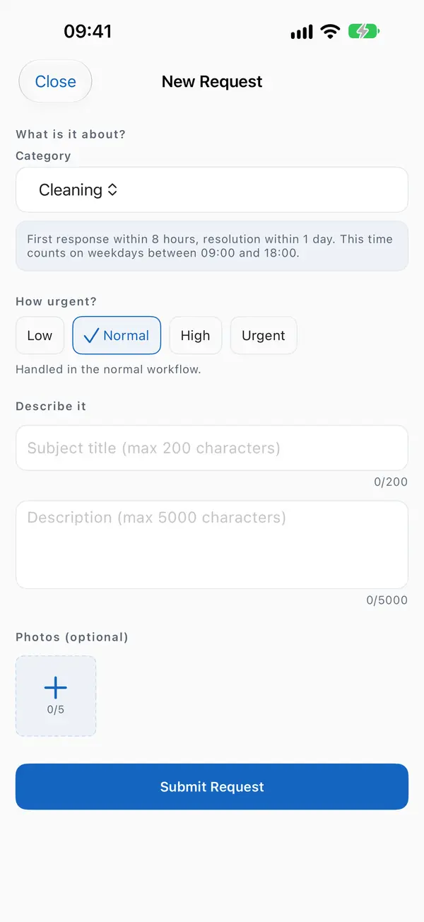 New request screen.