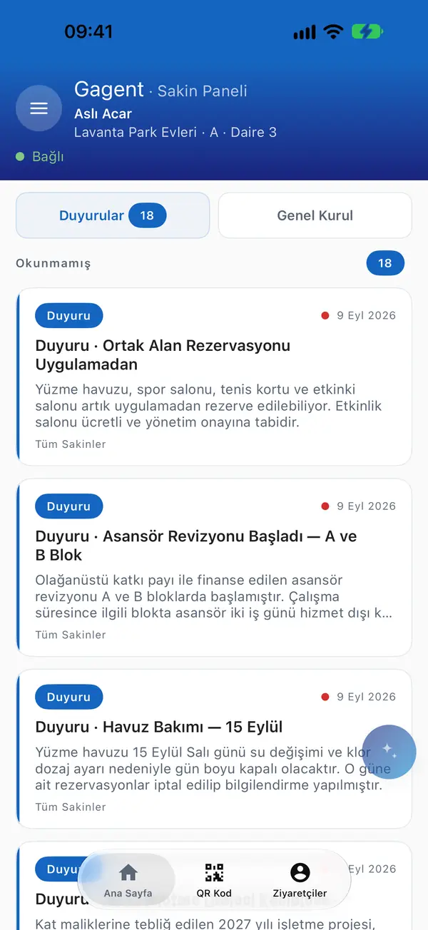 Sakin uygulamasında duyurular listesi.