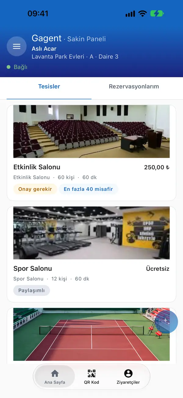 Sakin uygulamasında sitenin ortak alanları.
