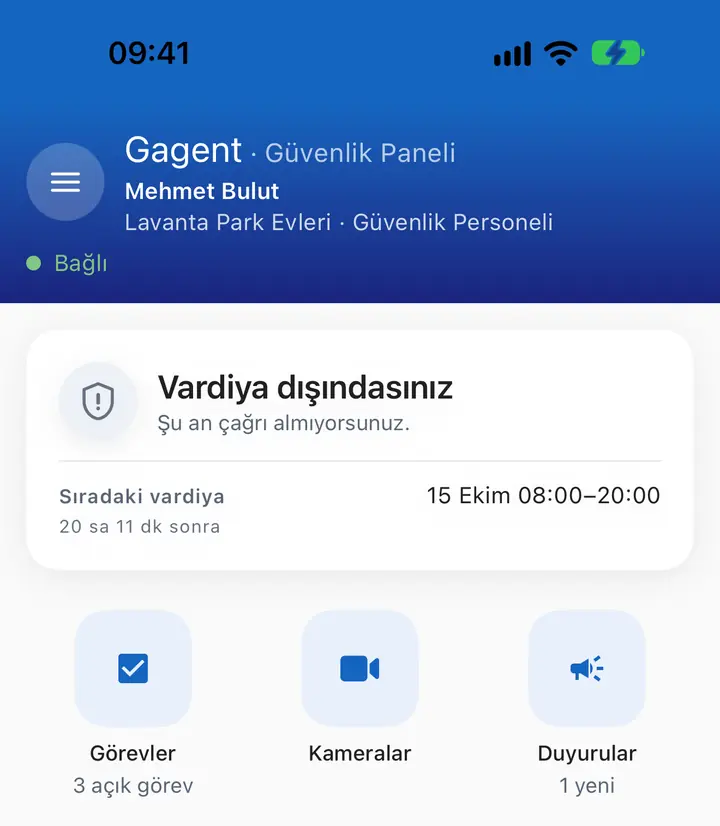 Güvenlik uygulamasının ana sayfasından kesit: vardiya bilgisi ve hızlı işlemler.