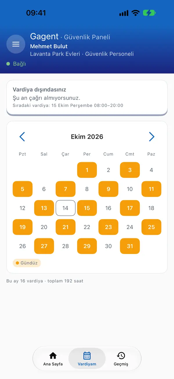 Güvenlik uygulamasında aylık vardiya takvimi.