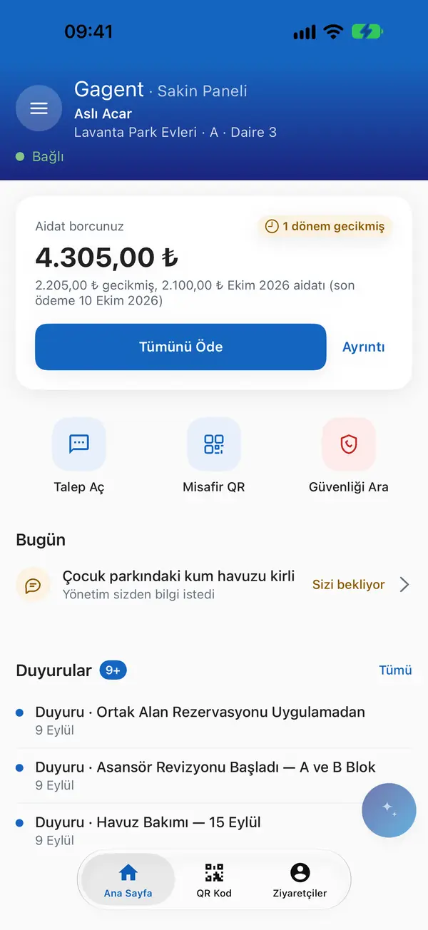 Home screen of the resident app.