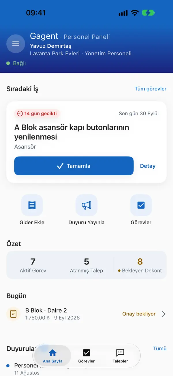 Yönetim personeli uygulamasında atanan işler.