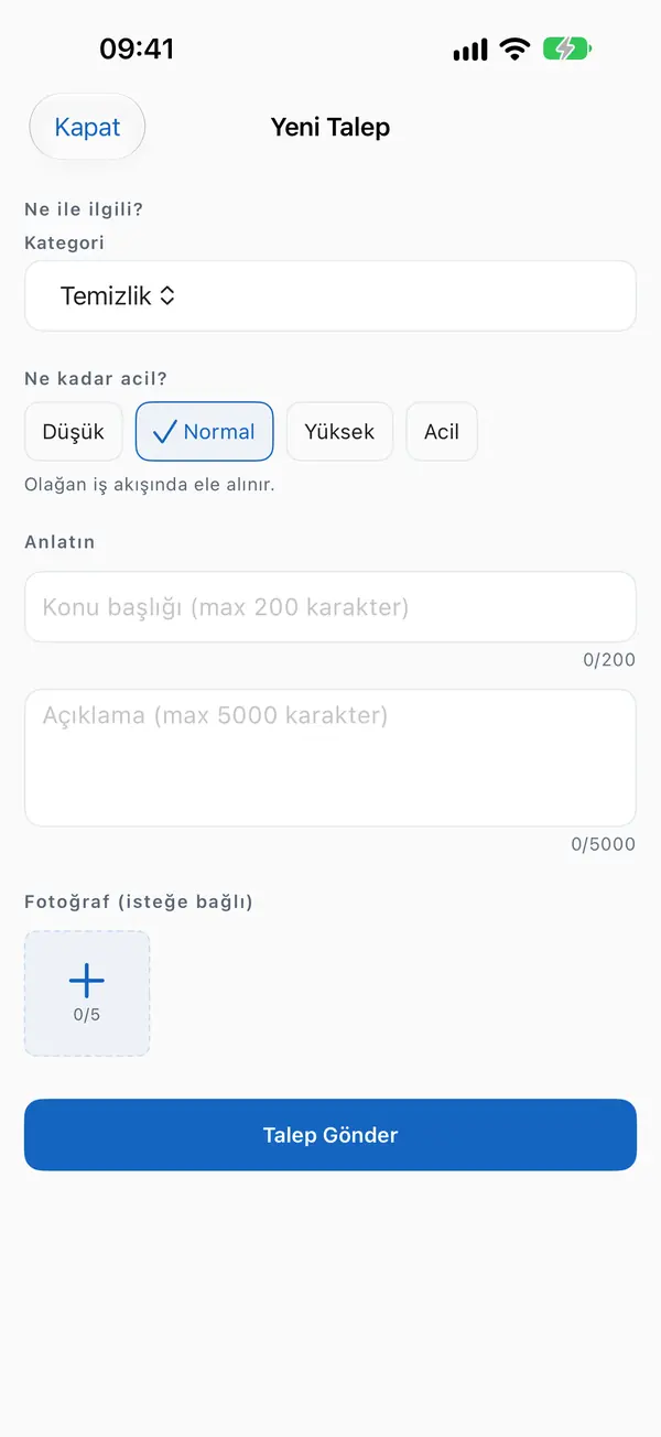 Sakin uygulamasında fotoğraflı yeni arıza talebi.