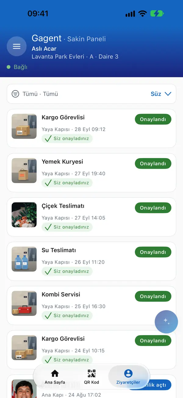 Sakin uygulamasında kapıya gelen ziyaretçilerin geçmişi.