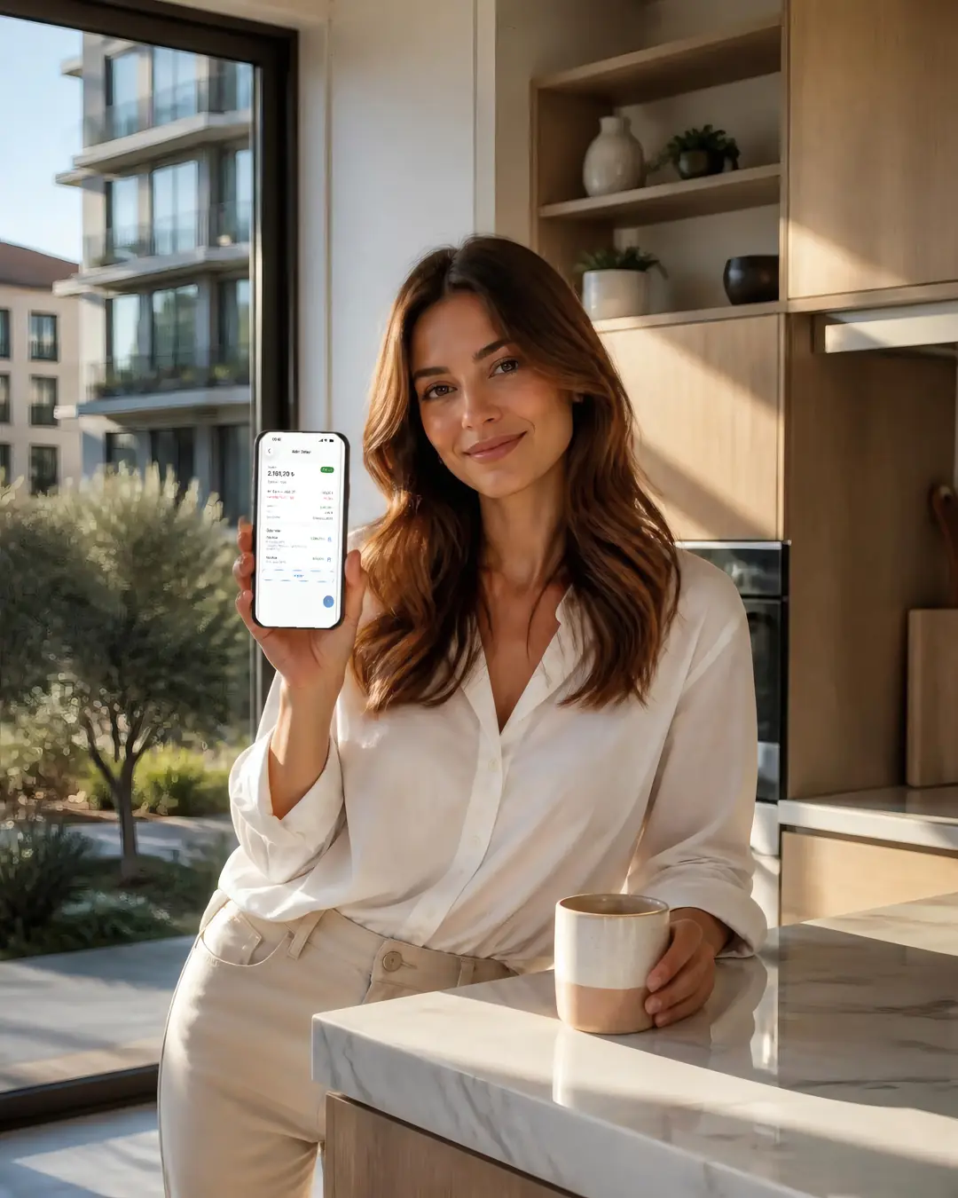 A resident checking her dues on her phone in the kitchen.