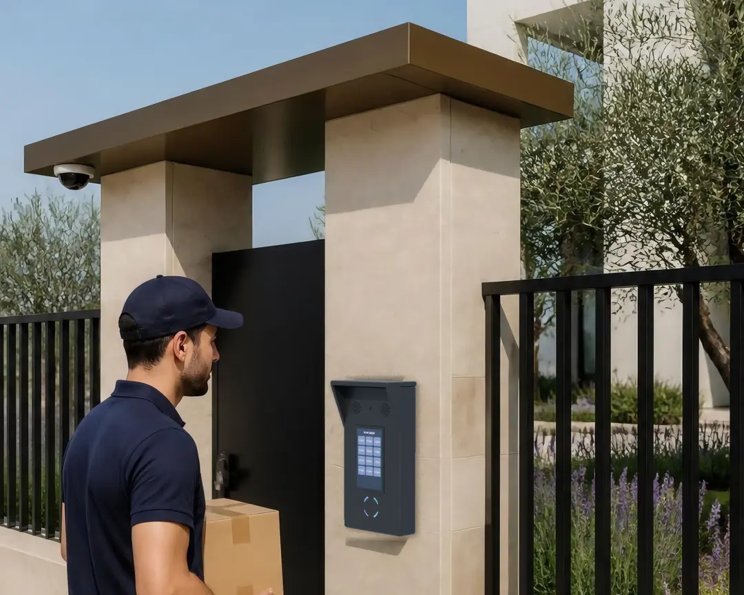 A courier with a parcel choosing an apartment on the gate unit’s screen.