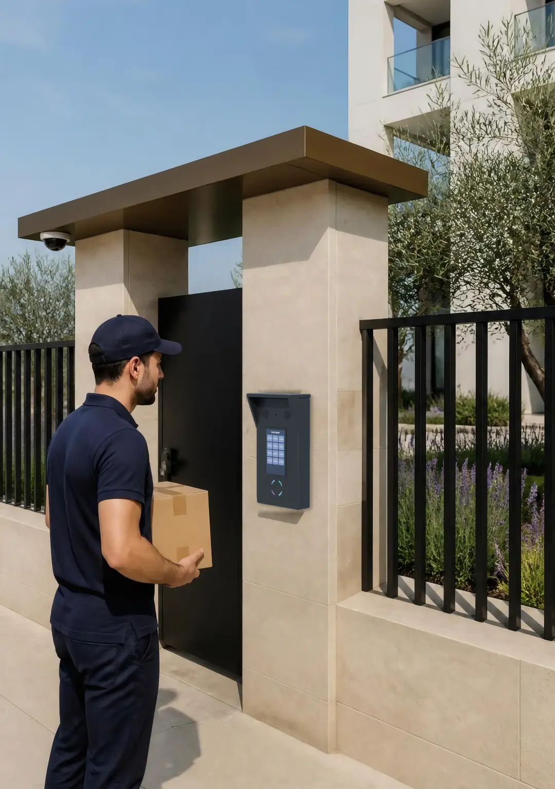 A courier with a parcel choosing a flat on the gate unit’s screen.
