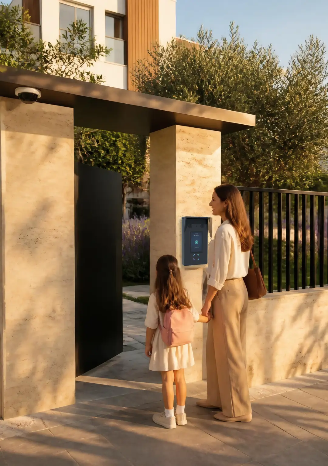 A mother walking up to the site gate with her daughter after school, the unit recognising her.