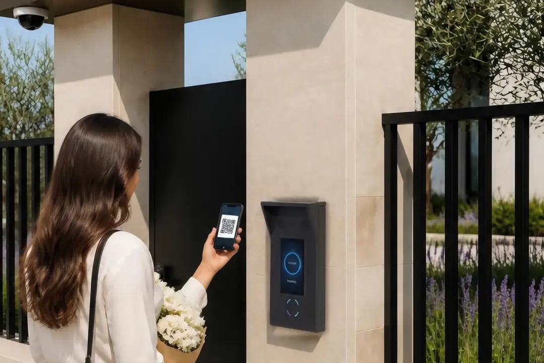 A guest holding flowers scanning the code on her phone at the gate unit.