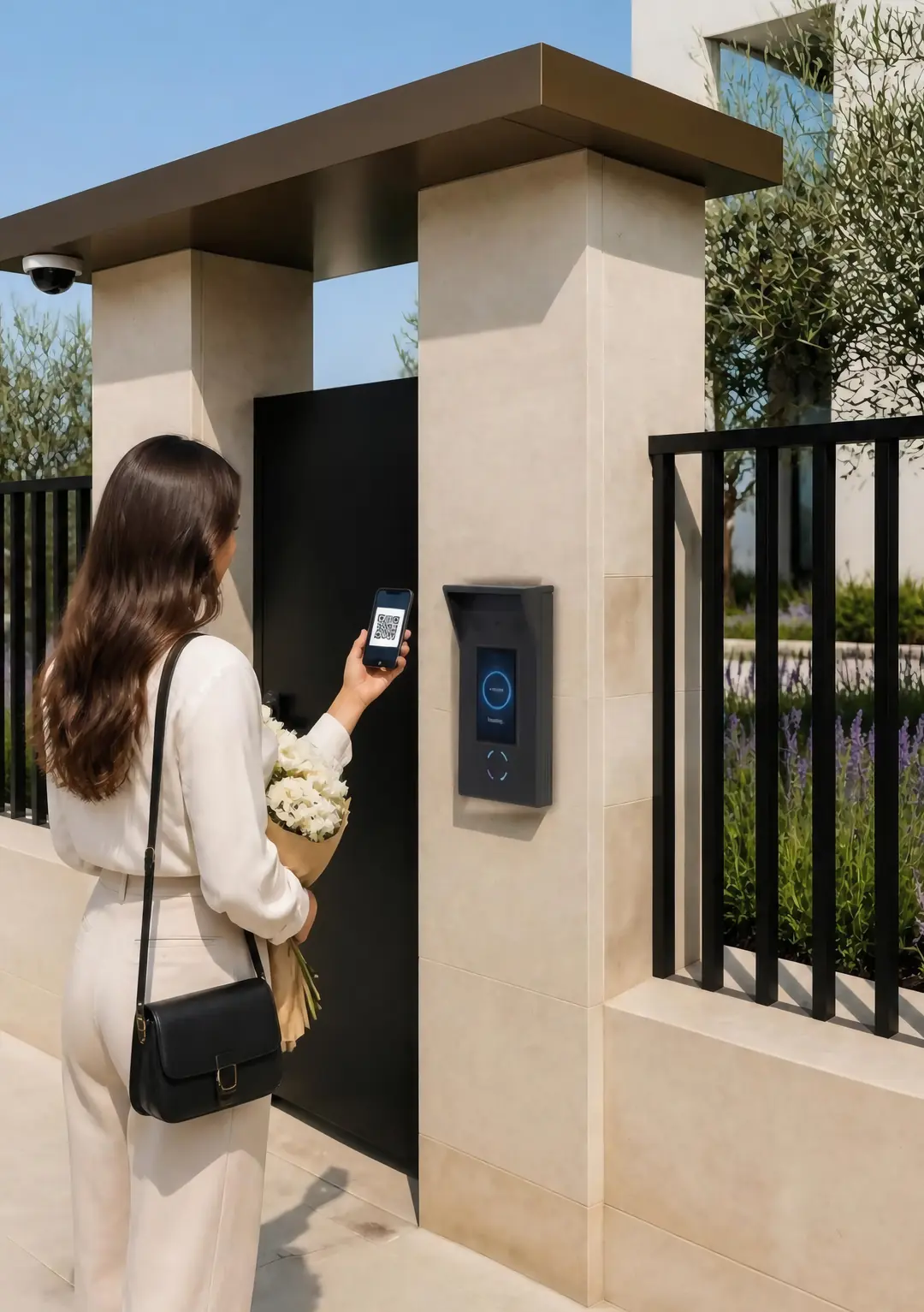 A guest holding flowers scanning the code on her phone at the gate unit.