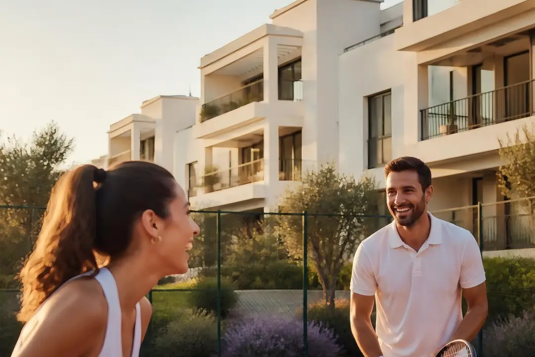 Two residents chatting on the site’s tennis court.