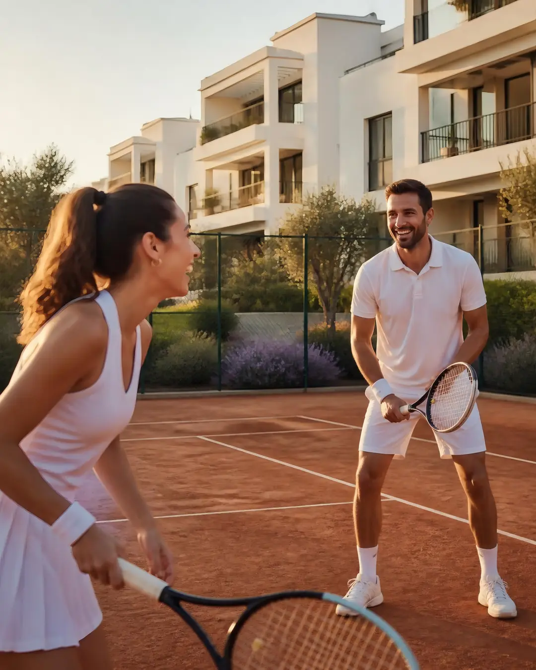 Two residents chatting on the site’s tennis court.