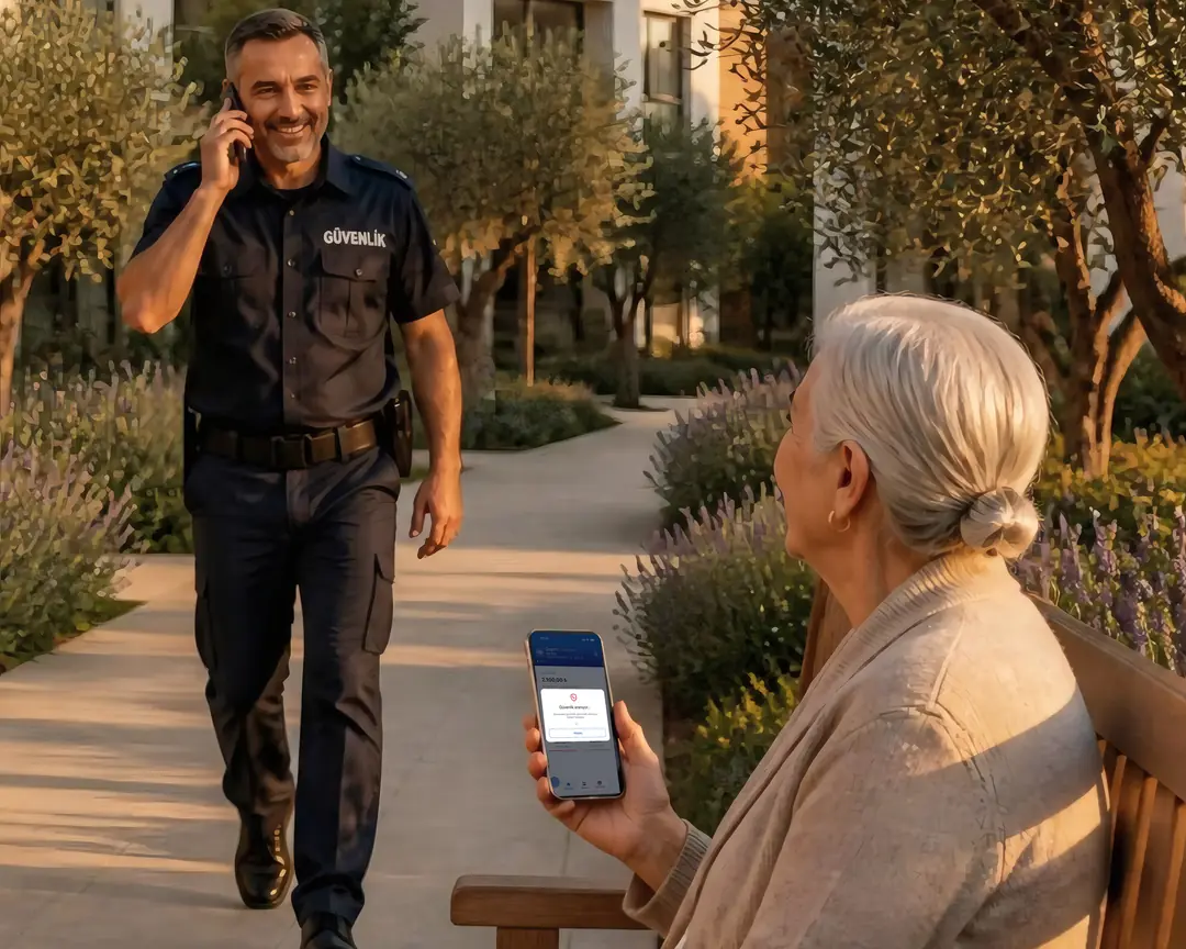 An elderly resident on a garden bench looking at her phone, a security guard walking towards her.
