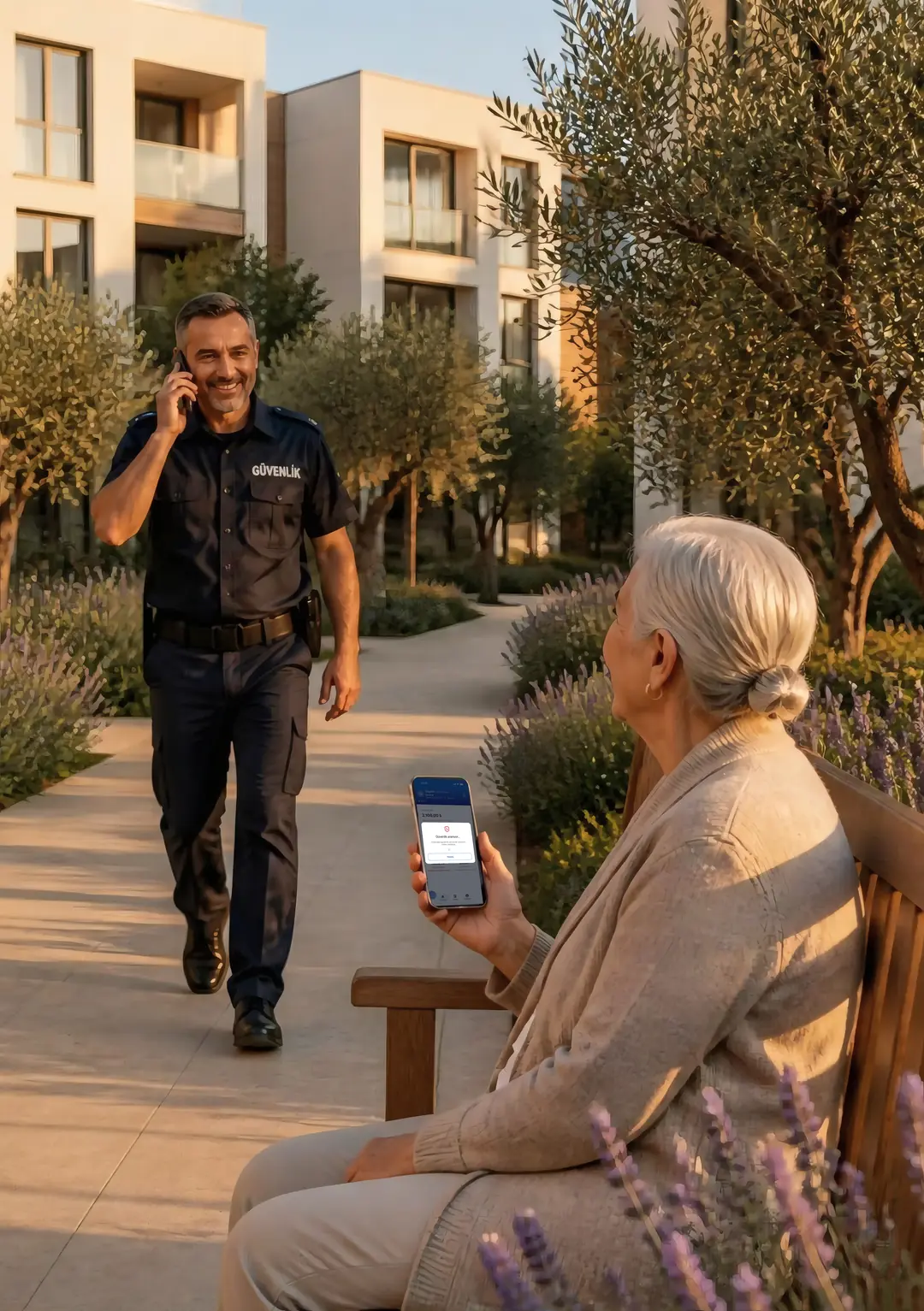 An elderly resident on a garden bench looking at her phone, a security guard walking towards her.