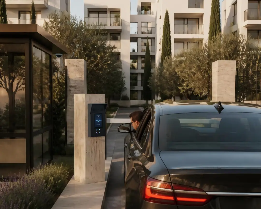 A car with its window down at the vehicle gate in the evening, the gate unit on its post.
