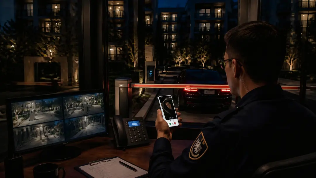 A guard in the guardhouse at night in front of camera screens, looking at the phone in his hand.