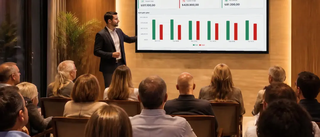 Owners at a general assembly watching an income and expense report projected on a screen.
