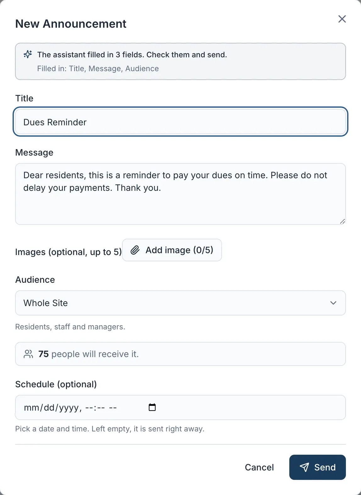 Announcement form filled in by the assistant, the send button left to the manager.