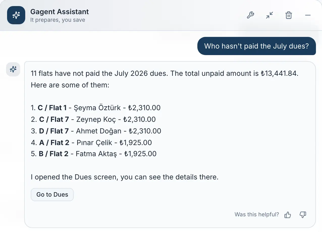 The question “Who hasn’t paid July’s dues?” asked to the assistant in the management panel, with its answer.