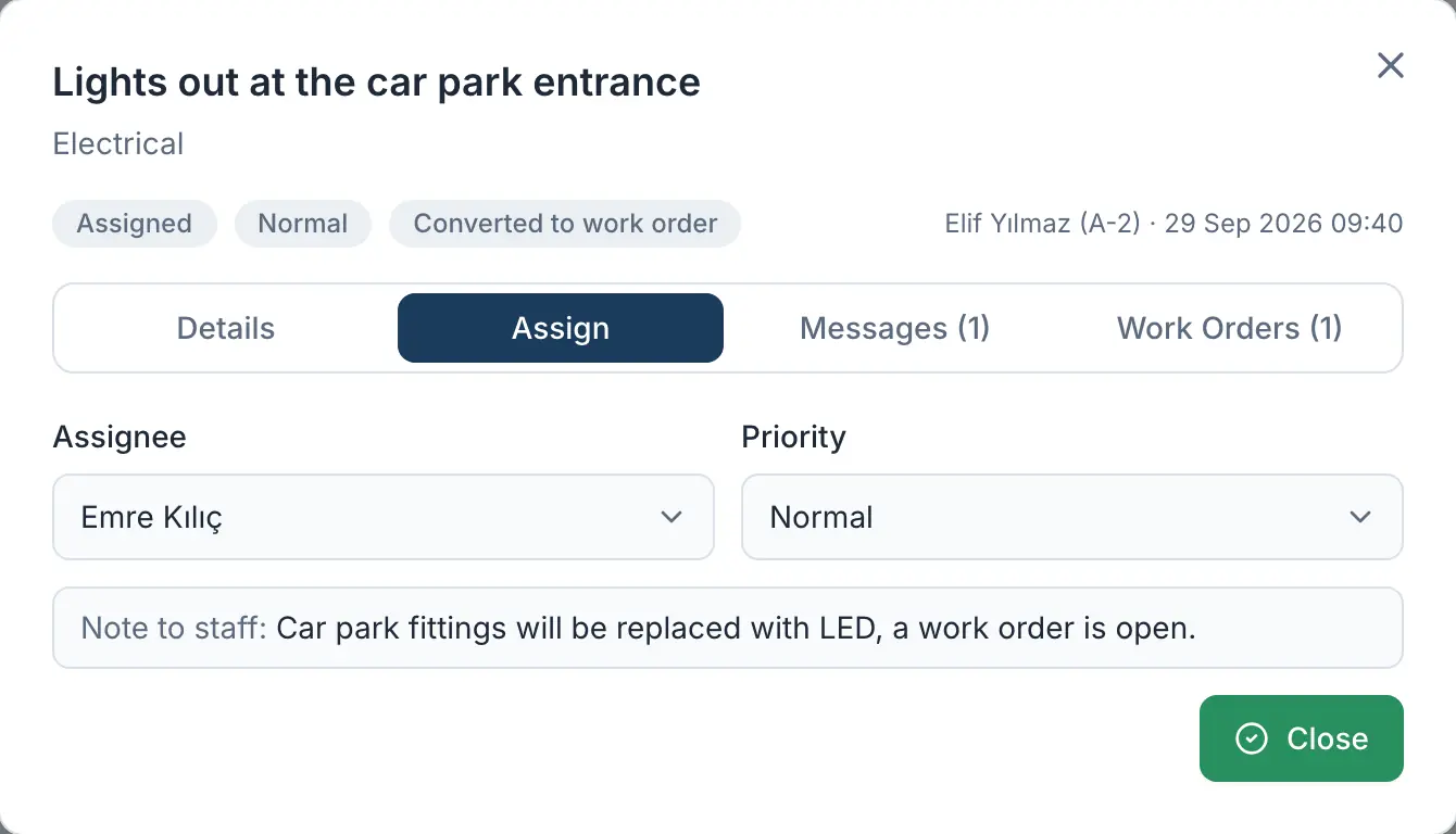 Assigning a request to a staff member.