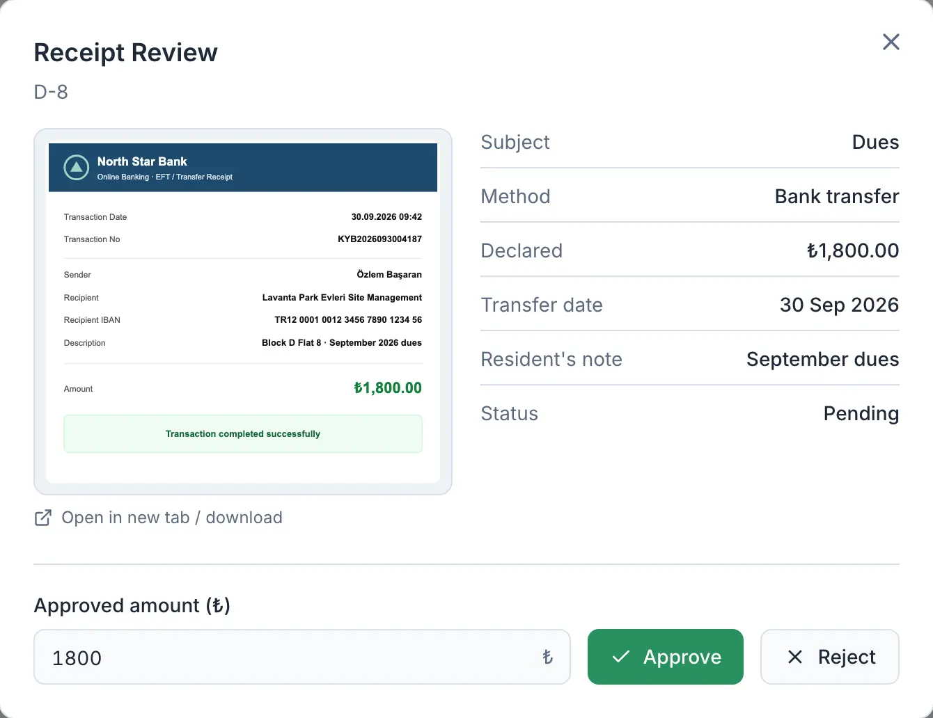 Receipt review window with approve and reject buttons.
