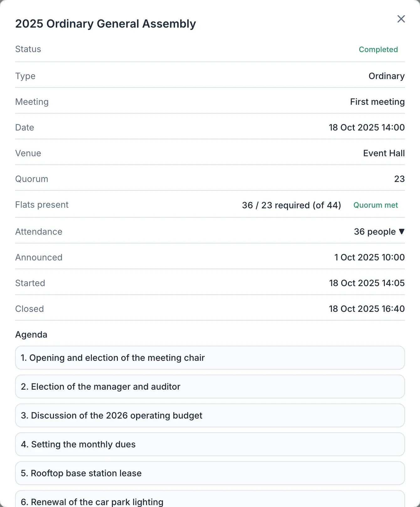 General assembly record with agenda and attendance.