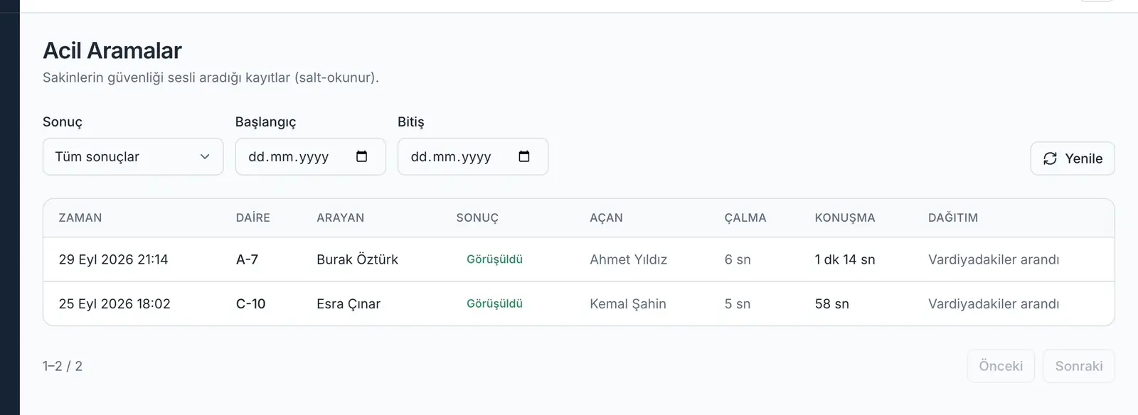 Yönetim panelinde acil arama kayıtları.