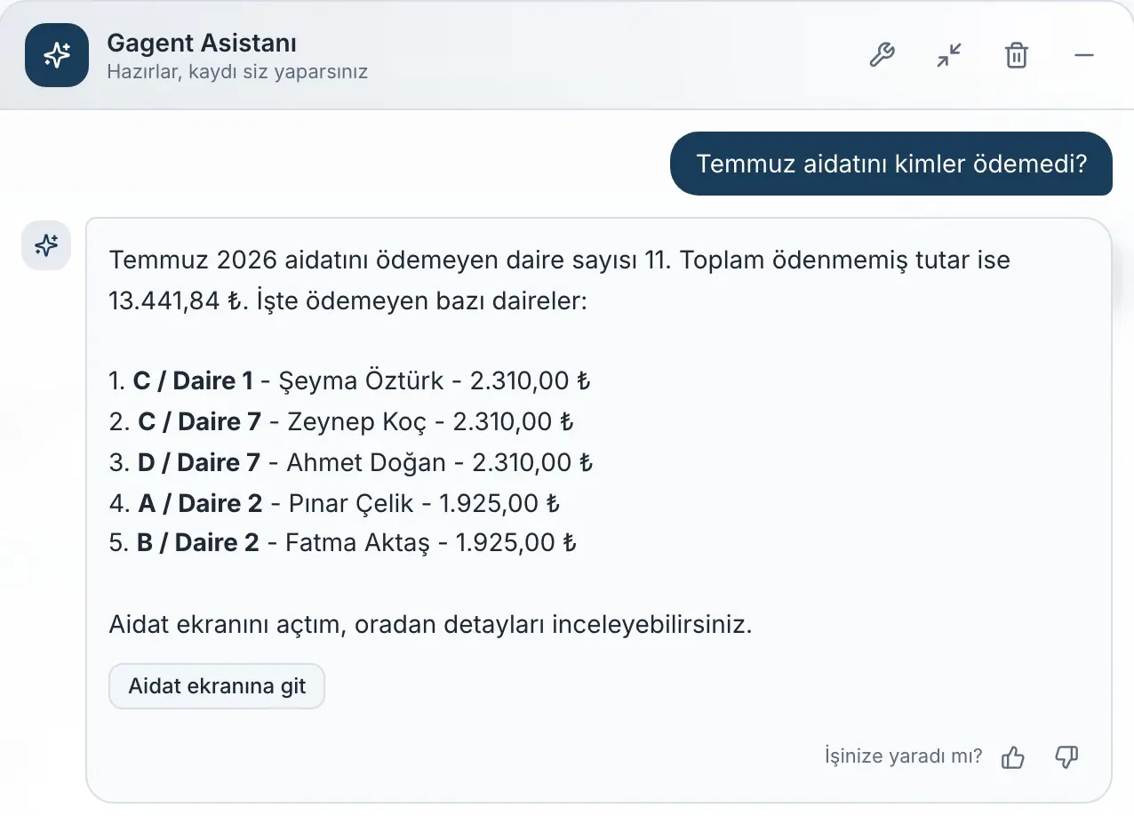 Yönetim panelinde asistana sorulan “Temmuz aidatını kimler ödemedi?” sorusu ve cevabı.