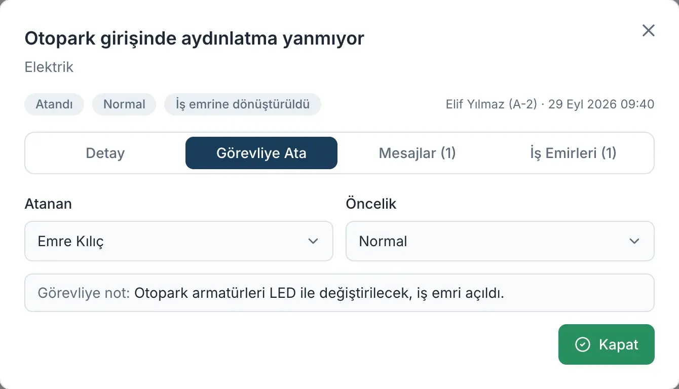 Yönetim panelinde talebi görevliye atama penceresi.
