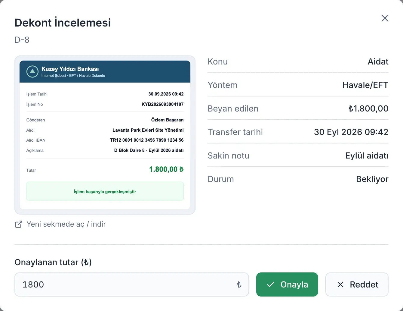 Yönetim panelinde dekont inceleme penceresi.