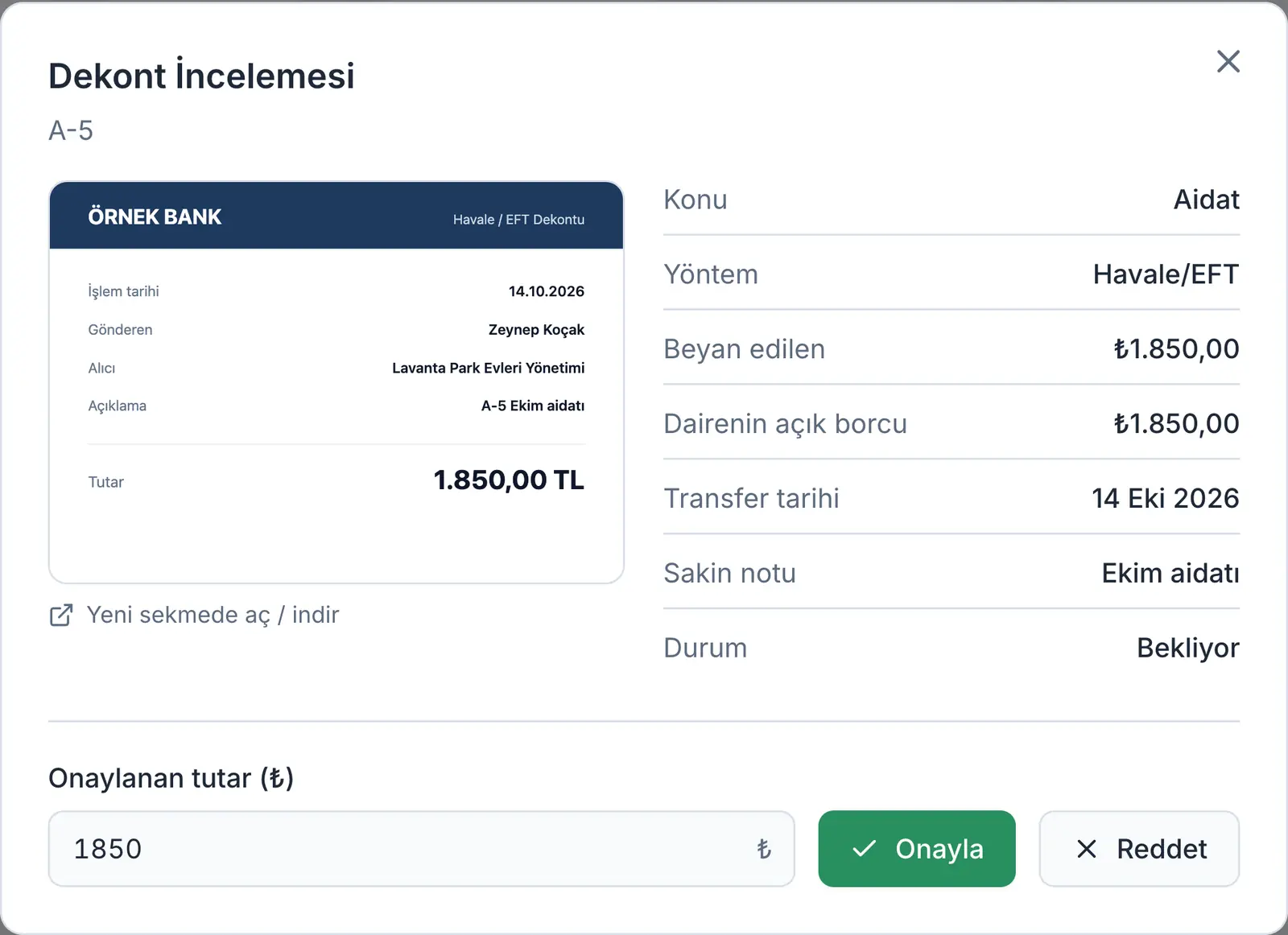 Dekont inceleme penceresi. Sakinin beyanı, dekont görseli, onayla ve reddet düğmeleri.