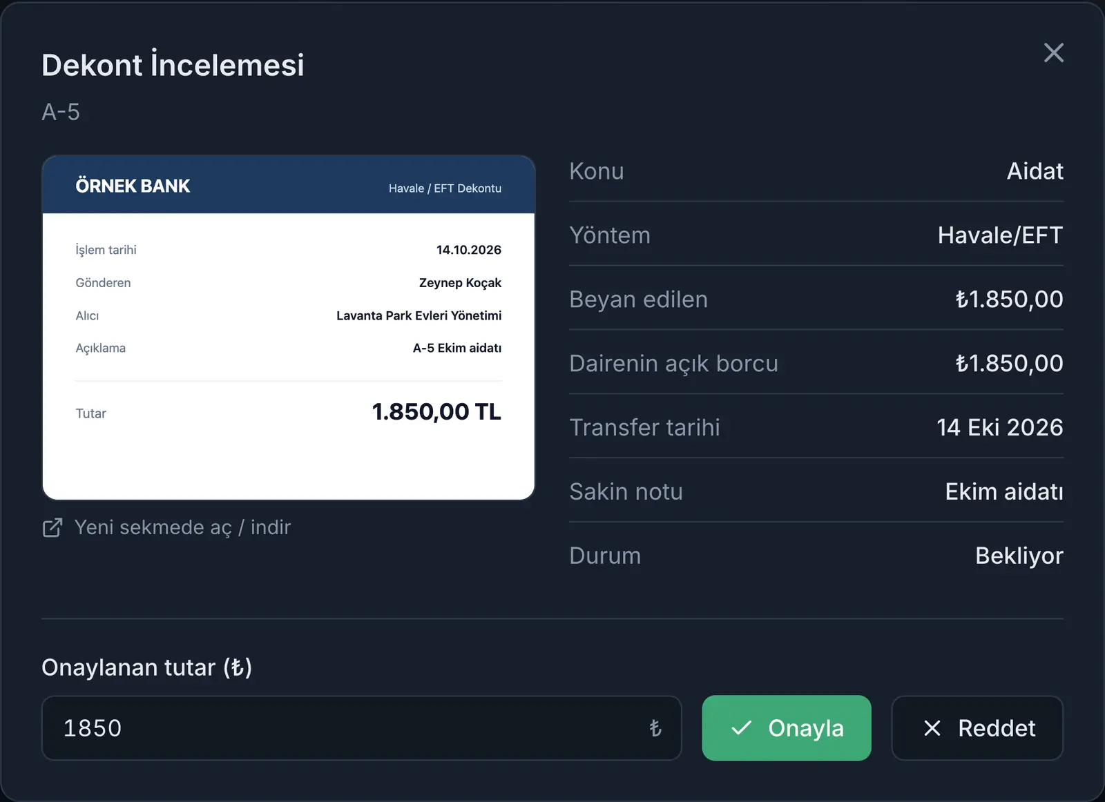 Dekont inceleme penceresi. Sakinin beyanı, dekont görseli, onayla ve reddet düğmeleri.