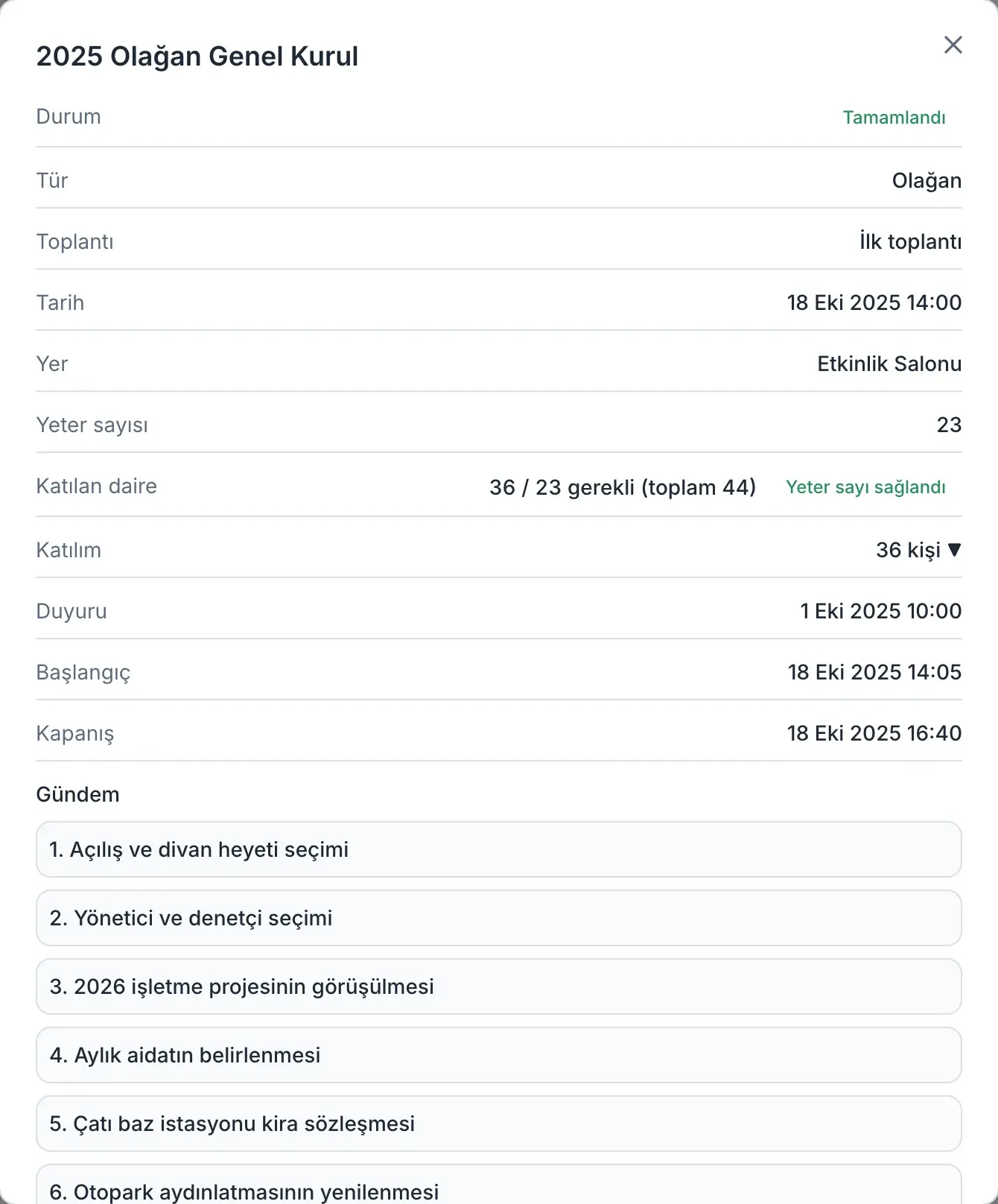 Yönetim panelinde genel kurul kaydı, gündem ve katılım.