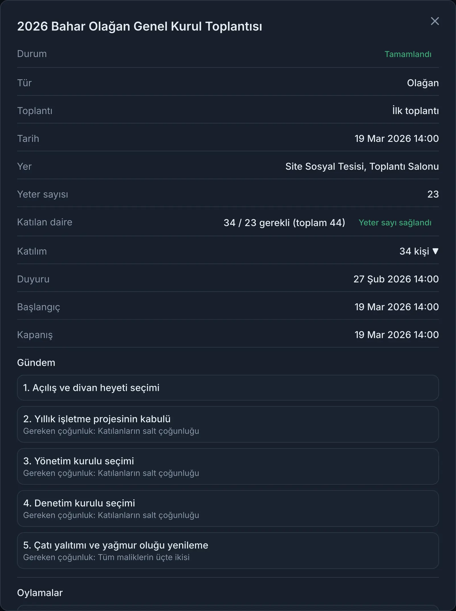 Genel kurul penceresi. Toplantı tarihi, yeter sayı, katılım ve gündem.